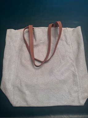 White and Silver Shimmery Textured Leather Tote Bag with Brown Straps